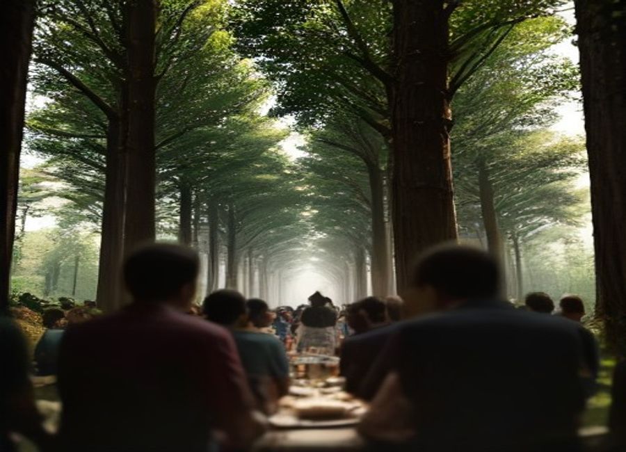 AI-generated image of people gathered together for food and community care